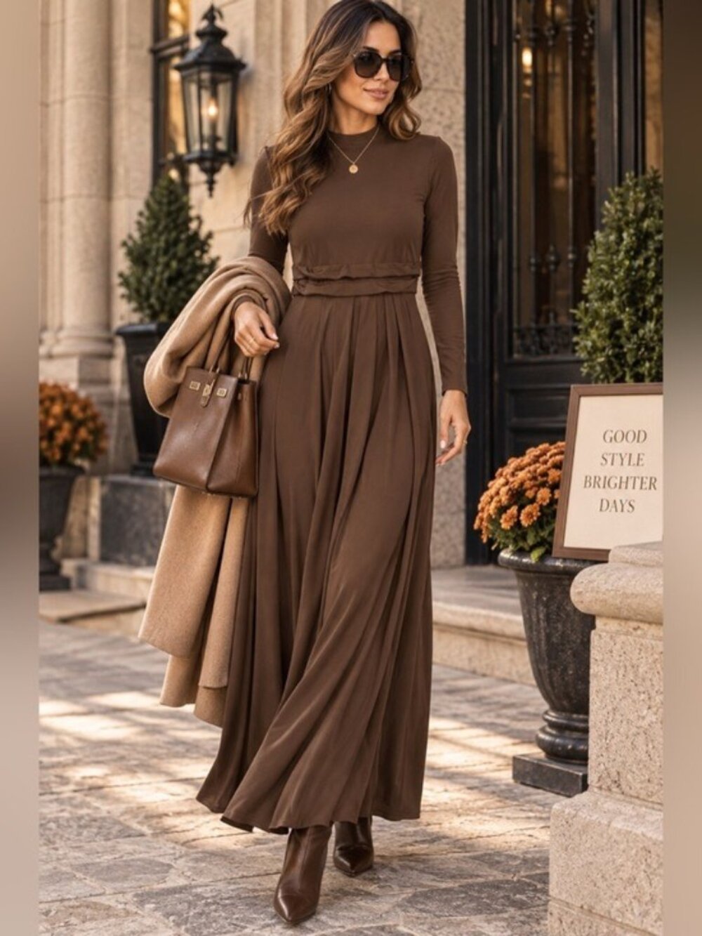Halara Brown Mock Neck Long Sleeve Pleated Maxi Dress Size L Minimalist